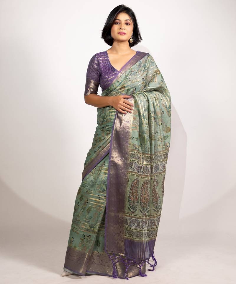 green floral print zari woven border crepe saree with unstiched blouse piece
