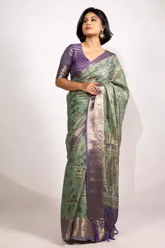 green floral print zari woven border crepe saree with unstiched blouse piece