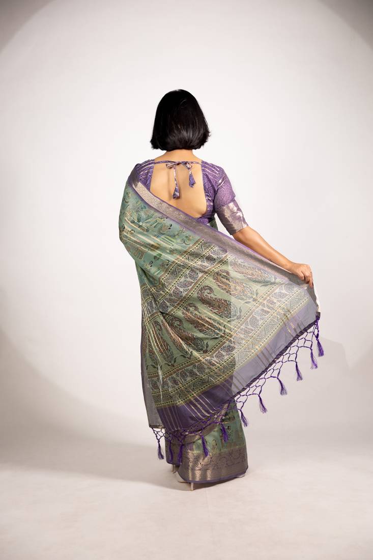 green floral print zari woven border crepe saree with unstiched blouse piece