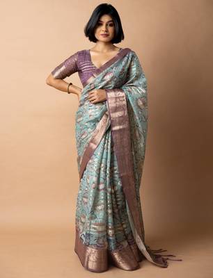 teal floral print zari woven border crepe saree with unstiched blouse piece 1