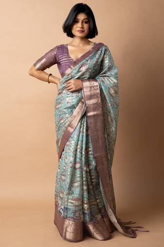 teal floral print zari woven border crepe saree with unstiched blouse piece