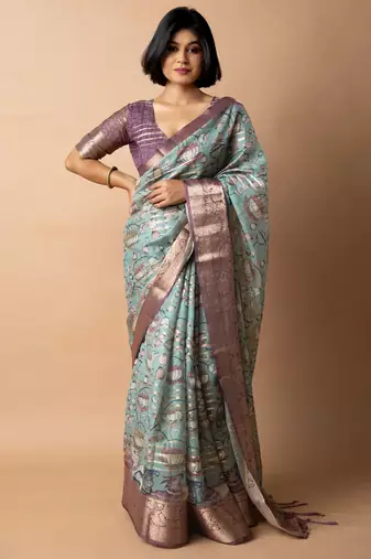 teal floral print zari woven border crepe saree with unstiched blouse piece