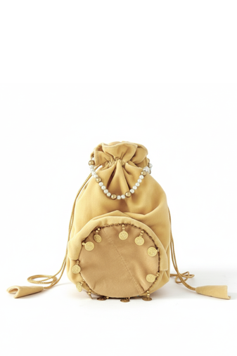 Cream plain with sikka zumkha lace on bottom round potli