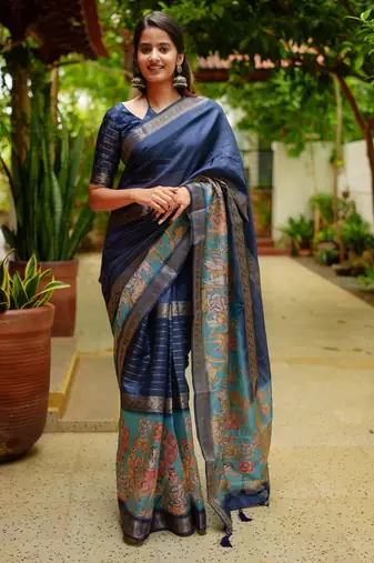 blue madhubani print golden zari border cotton silk saree with unstiched blouse piece