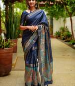 blue madhubani print golden zari border cotton silk saree with unstiched blouse piece