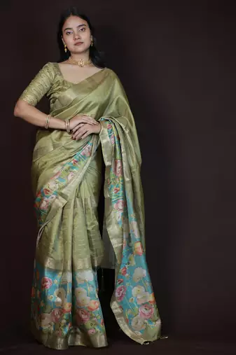 olive green floral print golden zari border cotton silk saree with unstiched blouse piece