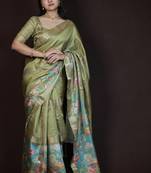 olive green floral print golden zari border cotton silk saree with unstiched blouse piece