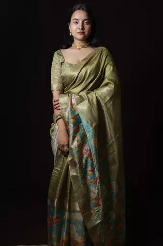 olive green floral print golden zari border cotton silk saree with unstiched blouse piece
