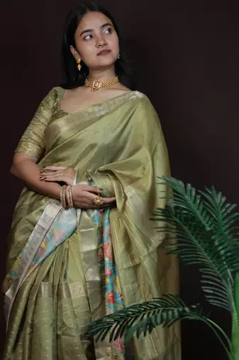 olive green floral print golden zari border cotton silk saree with unstiched blouse piece