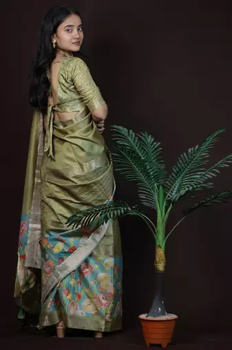 olive green floral print golden zari border cotton silk saree with unstiched blouse piece