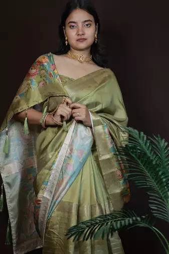 olive green floral print golden zari border cotton silk saree with unstiched blouse piece