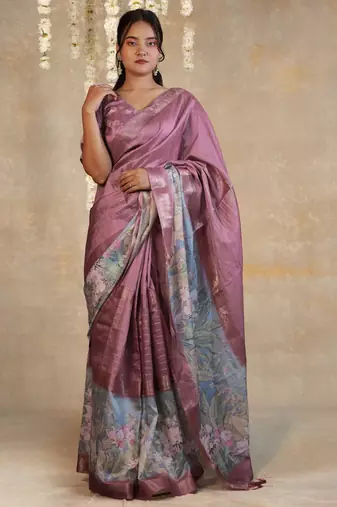 rose pink floral print golden zari border cotton silk saree with unstiched blouse piece