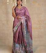 rose pink floral print golden zari border cotton silk saree with unstiched blouse piece