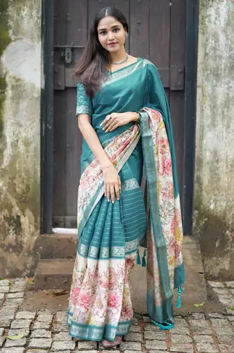 turquoise floral print golden zari border cotton silk saree with unstiched blouse piece