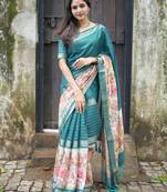turquoise floral print golden zari border cotton silk saree with unstiched blouse piece