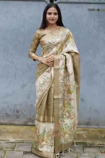 beige floral print golden zari border cotton silk saree with unstiched blouse piece