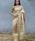 beige floral print golden zari border cotton silk saree with unstiched blouse piece