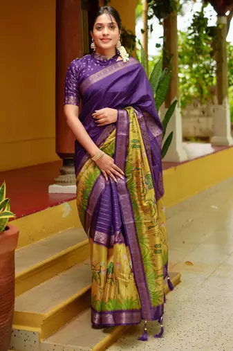 purple floral print golden zari border cotton silk saree with unstiched blouse piece