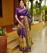 purple floral print golden zari border cotton silk saree with unstiched blouse piece