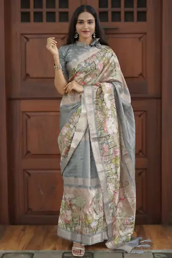 grey floral print golden zari border cotton silk saree with unstiched blouse piece