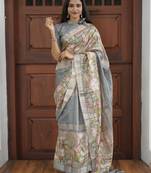grey floral print golden zari border cotton silk saree with unstiched blouse piece