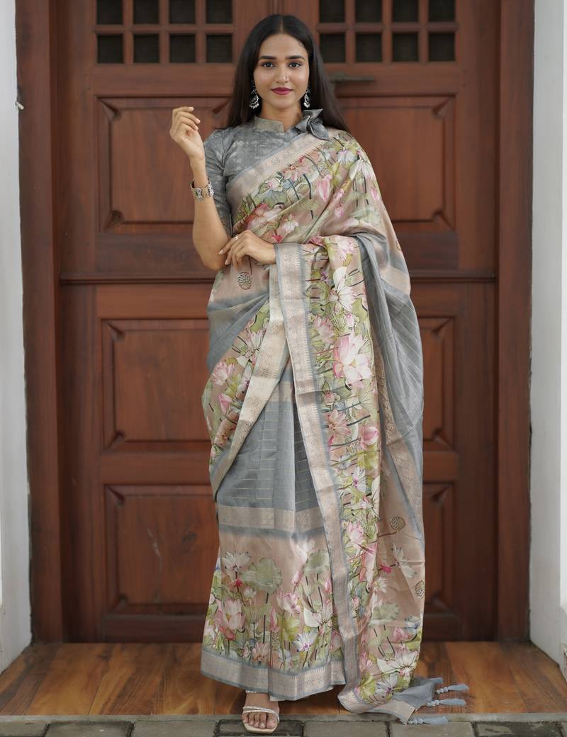 grey floral print golden zari border cotton silk saree with unstiched blouse piece