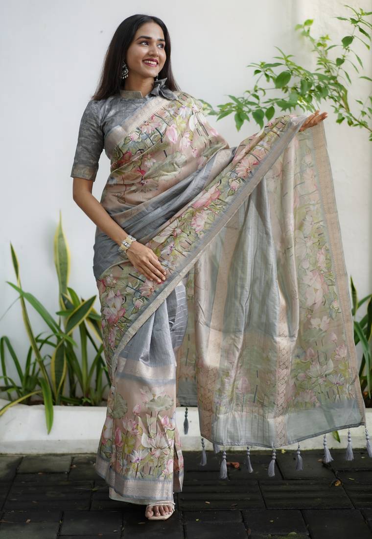 grey floral print golden zari border cotton silk saree with unstiched blouse piece
