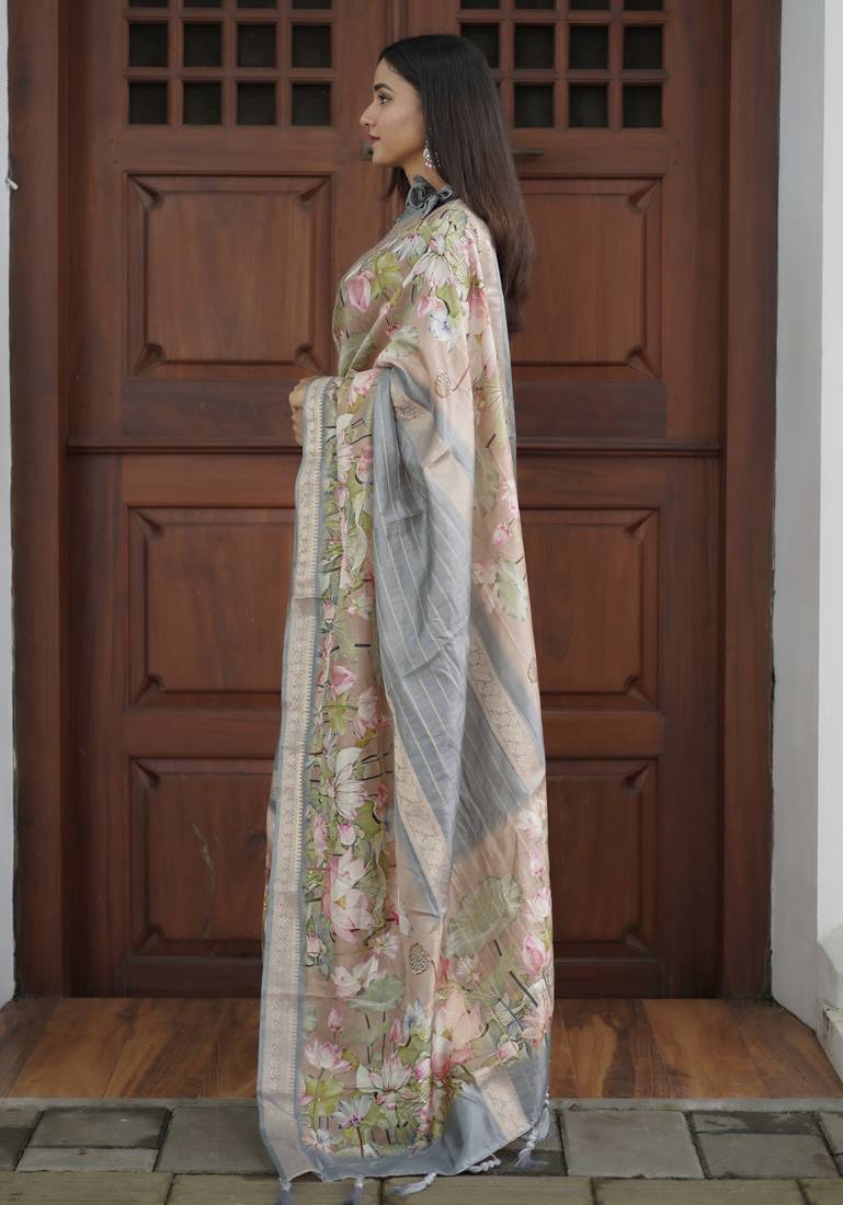 grey floral print golden zari border cotton silk saree with unstiched blouse piece