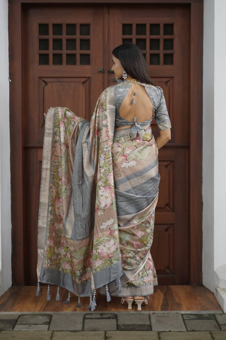 grey floral print golden zari border cotton silk saree with unstiched blouse piece