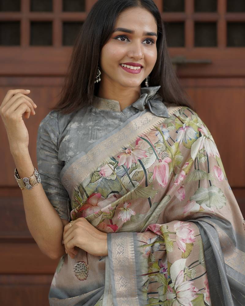 grey floral print golden zari border cotton silk saree with unstiched blouse piece
