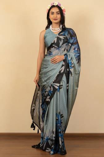grey floral print chiffon saree with unstiched blouse piece