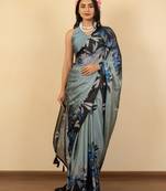 grey floral print chiffon saree with unstiched blouse piece