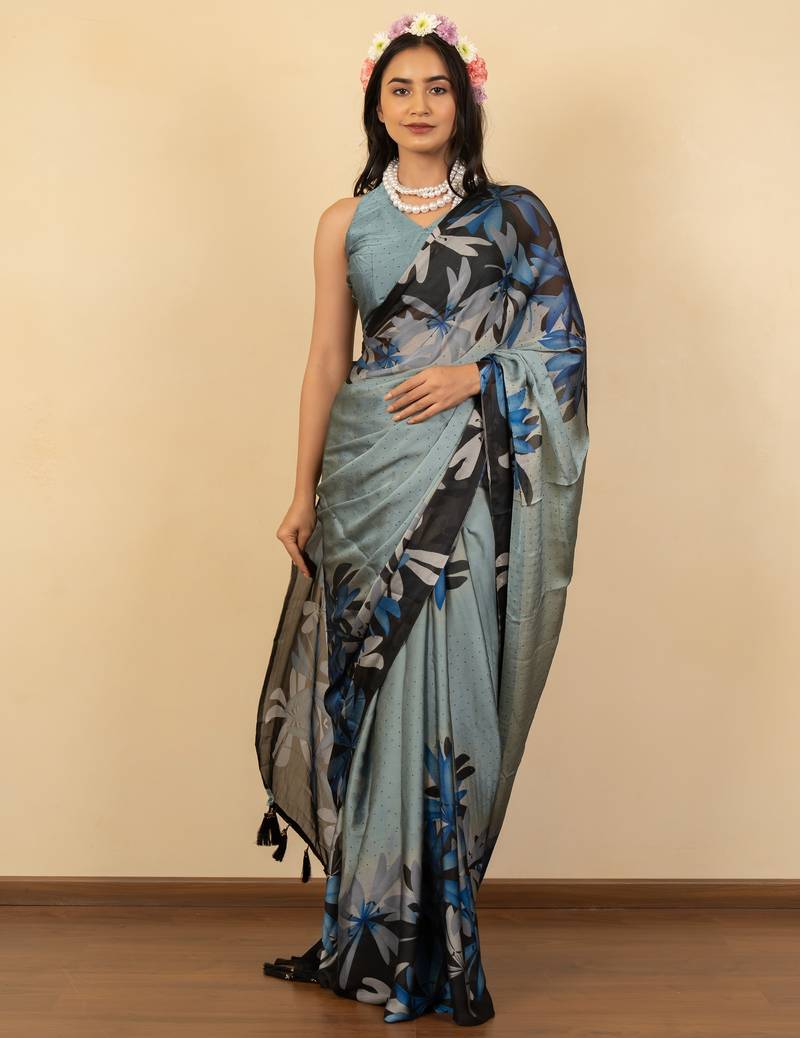 grey floral print chiffon saree with unstiched blouse piece