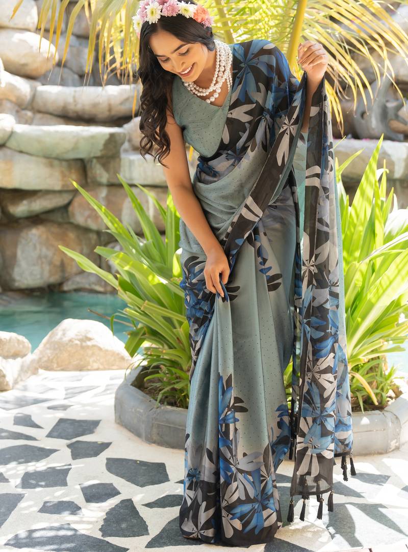 grey floral print chiffon saree with unstiched blouse piece