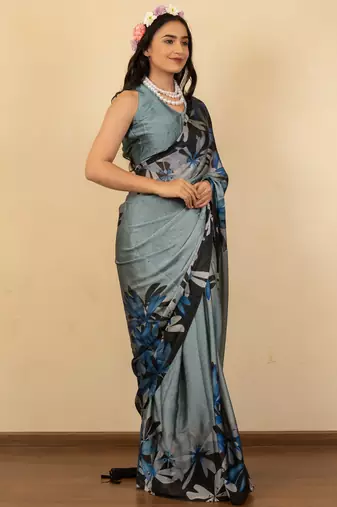olive green floral print chiffon saree with unstiched blouse piece