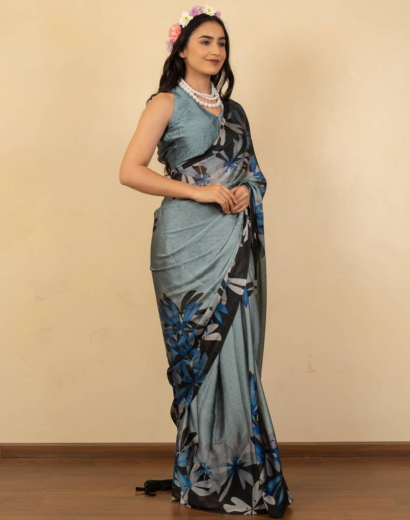 grey floral print chiffon saree with unstiched blouse piece