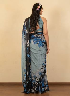 olive green floral print chiffon saree with unstiched blouse piece 4