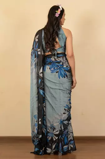 olive green floral print chiffon saree with unstiched blouse piece