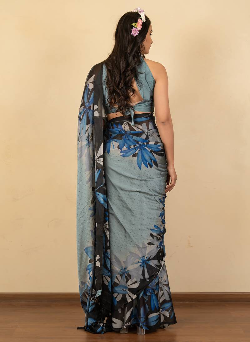 grey floral print chiffon saree with unstiched blouse piece