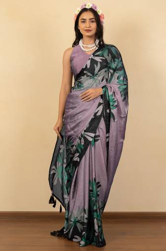 purple floral print chiffon saree with unstiched blouse piece