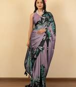 purple floral print chiffon saree with unstiched blouse piece