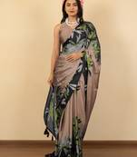 peach floral print chiffon saree with unstiched blouse piece
