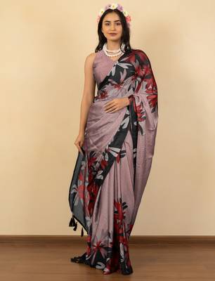 rose pink floral print chiffon saree with unstiched blouse piece 1