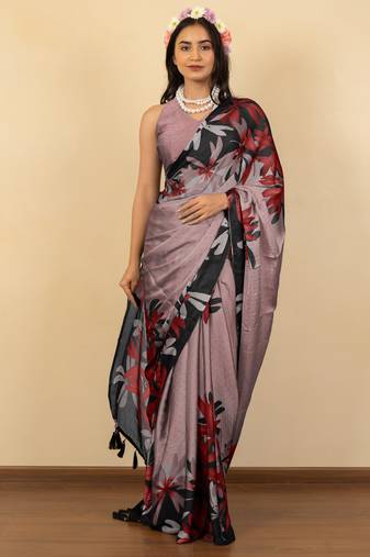 rose pink floral print chiffon saree with unstiched blouse piece