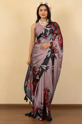 rose pink floral print chiffon saree with unstiched blouse piece