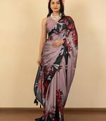 rose pink floral print chiffon saree with unstiched blouse piece