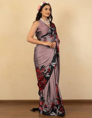 rose pink floral print chiffon saree with unstiched blouse piece 3