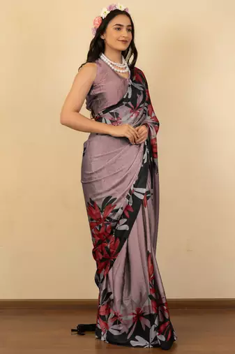 rose pink floral print chiffon saree with unstiched blouse piece