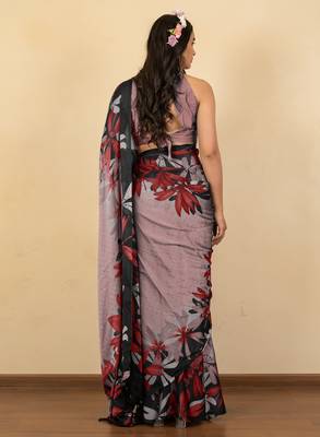 rose pink floral print chiffon saree with unstiched blouse piece 4