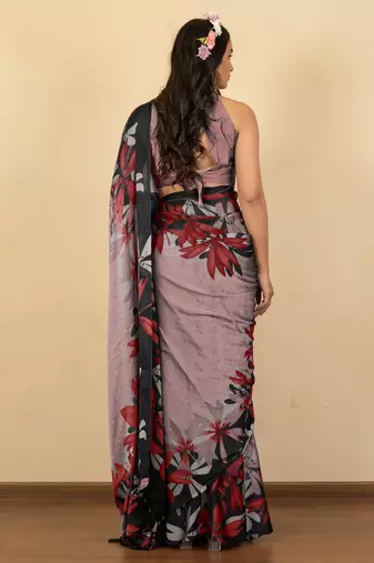rose pink floral print chiffon saree with unstiched blouse piece